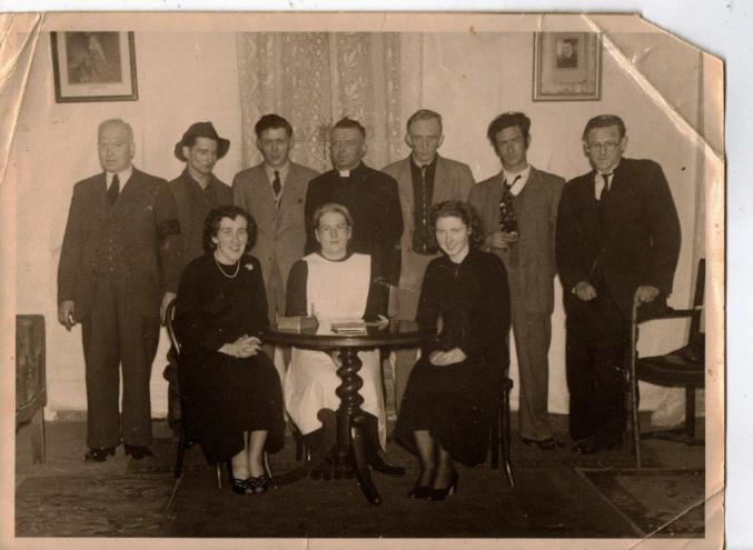 Athboy Dramatic Group, 1950/ Back Row: John Farrell, Tommy Mahon, Andy Cullen, Matt Moore, Ollie Bird, Michael Coleman, Dan Fay. Front Row: Joan Dempsey, Carmel Cullen, Kathleen Coleman