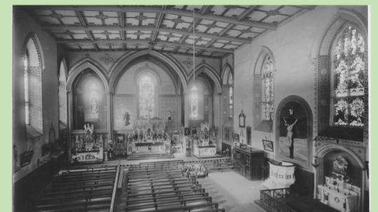 The inside of St James Church, sometime between 1909 and 1917. Note the vaulted ceiling over the main altar. At some point after this, part of this ceiling collapsed, necessitating a complete re-modelling of the area.